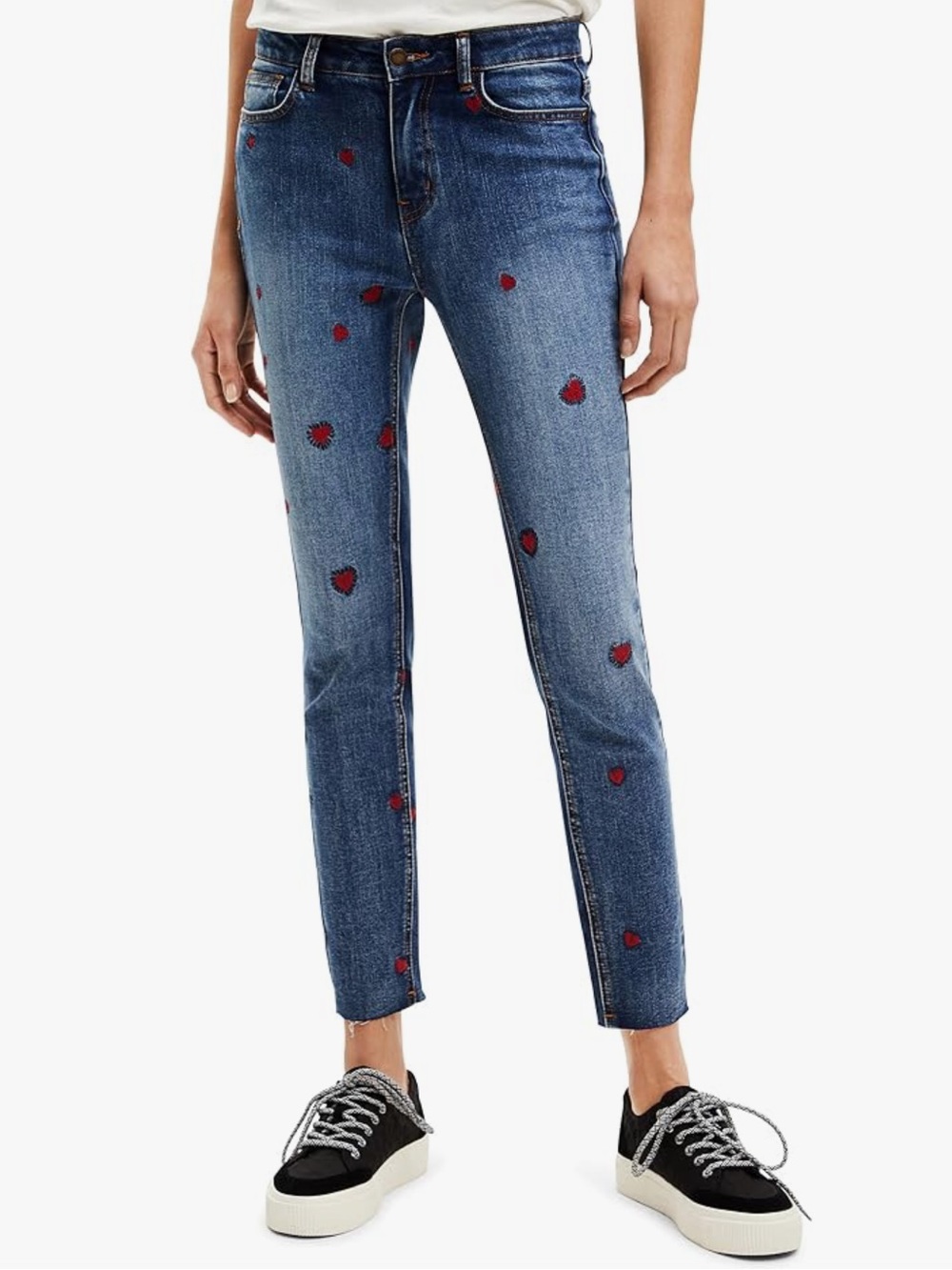 Desigual Amore Women's Blue Heart-Embroidered Slim Jeans size size 28